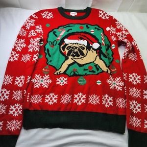 OMG Creations Santa Pug Dog Christmas Sweater Womens Size Large Holiday Shirt
